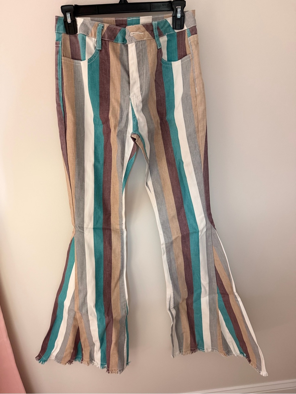 Striped Bell-Bottom Kids Pants in Teal, Brown, Cream